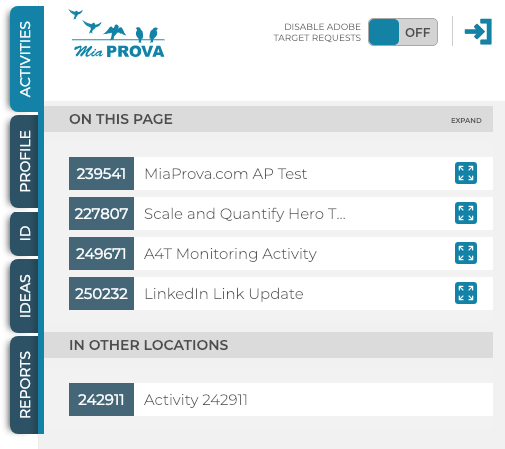 MiaProva's Chrome Extension and visibility into Adobe Target Activities