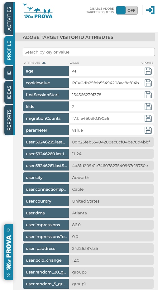 MiaProva's Chrome Extension Profile Tab - visibility into your Adobe Target Profile. 