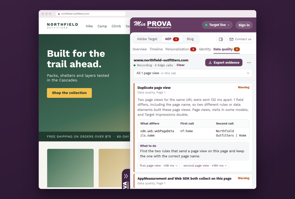 duplicate page view comparison in the Data quality view.