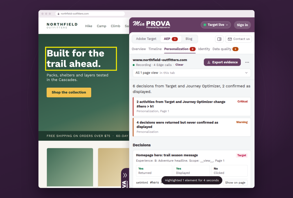 personalization decisions and a Show on page highlight