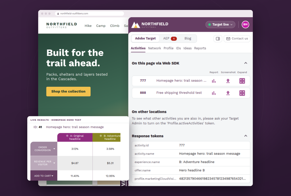 Adobe Target activities and live test results in the MiaProva extension.